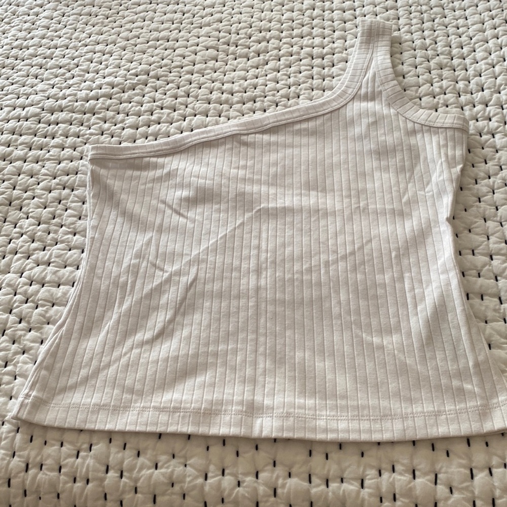 NINETY PERCENT WHITE RIBBED ONE-SHOULDER TANK COTTON BLEND SZ LARGE